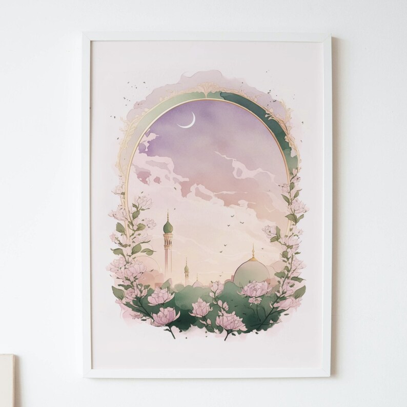 May include: A watercolor painting of a mosque with a crescent moon in the sky. The mosque is surrounded by pink flowers and greenery. The painting is framed in a white frame.