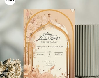 Puede incluir: Una tarjeta de invitación de color melocotón con detalles dorados y diseños florales. La tarjeta presenta un arco con un patrón floral y el texto "Eid Mubarak". La invitación es para un almuerzo de Eid el martes 9 de abril de 2024 a las 2:00 PM. La dirección es 123 Anywhere St., Any City, ST 12345.