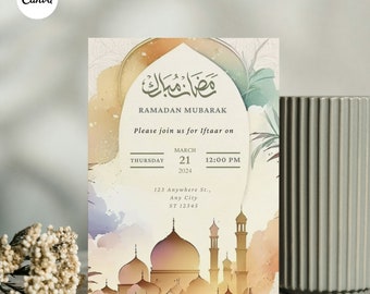 May include: An invitation to an Iftar celebration during Ramadan. The invitation features a watercolor background with a mosque silhouette and Arabic calligraphy that reads "Ramadan Mubarak". The text includes the date, time, and address of the event.