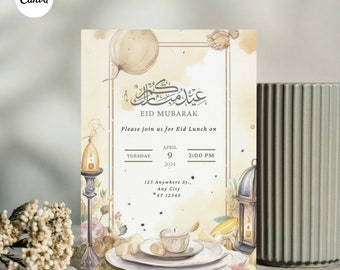 May include: An invitation card with a watercolor design featuring a lantern, a teacup, and a plate with a cookie. The text on the card reads "Eid Mubarak" and invites guests to an Eid Lunch on Tuesday, April 9th, 2024 at 2:00 PM. The address is 123 Anywhere St., Any City, ST 12345.