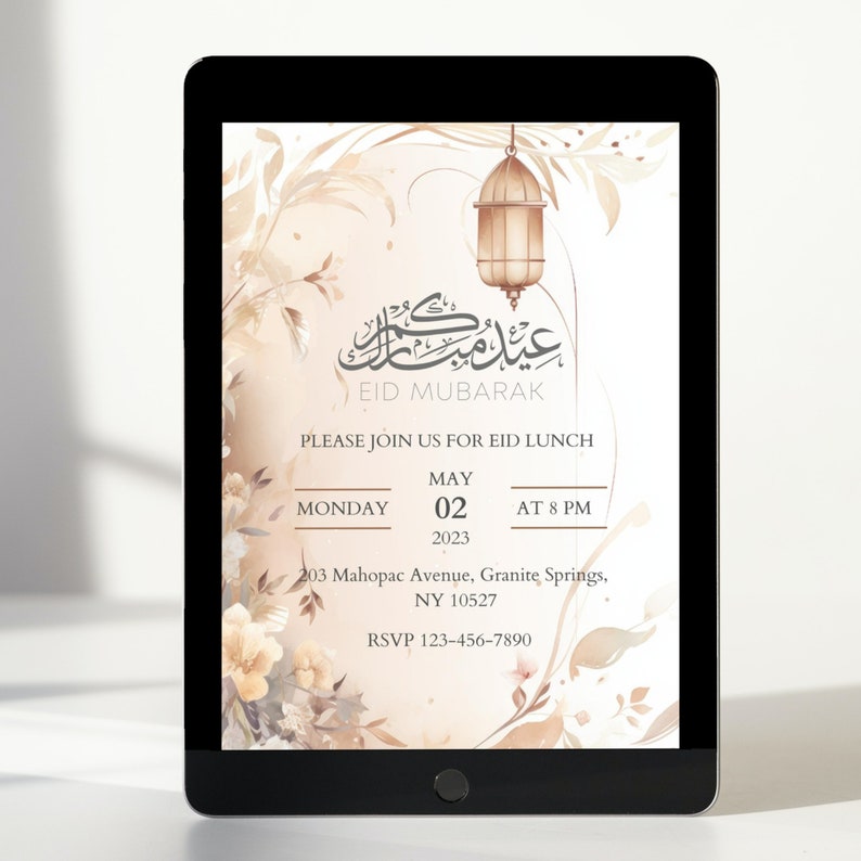 May include: A digital invitation for an Eid Mubarak lunch. The invitation features a watercolor background with floral designs and a hanging lantern. The text reads "Eid Mubarak" in Arabic script and includes the date, time, and location of the event.