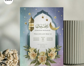 May include: An invitation card with a blue and purple gradient background. The card features a crescent moon, stars, and a lantern. The text on the card reads "Ramadan Mubarak" and includes details for an Iftar event. The card is decorated with yellow roses.