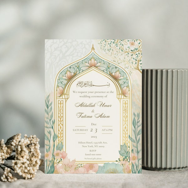 Islamic Wedding Invitation Card | Digital Nikaah Invite | Muslim Wedding Invitation Card | Editable Walimah Invitation Card | Barat Invite