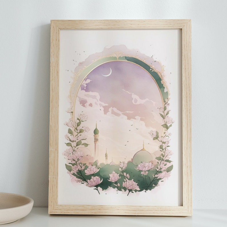 May include: A framed watercolor painting of a mosque with a crescent moon in the sky. The mosque is surrounded by pink flowers and greenery. The painting has a soft, dreamy feel.
