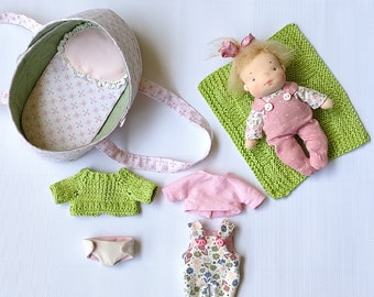 Muñeca estilo Waldorf 6 pulgadas (16 cm) con cuna portátil bolsillo muñeca eco muñeca bambola mini muñeca pequeña con ropa autista juguete suave puppe