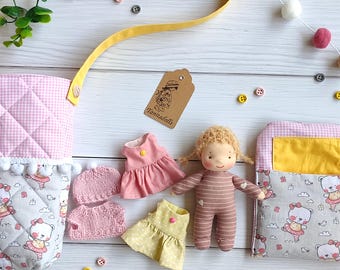 Tiny Waldorf doll MADE TO ORDER handmade rag pocket doll 5 in 13 cm playset for travel with bag Eco friendly baby girl gift for children