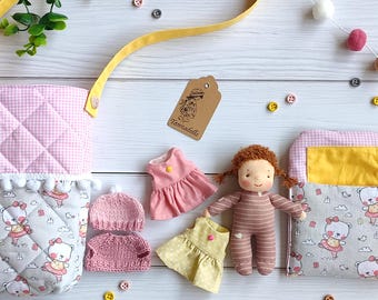Tiny Waldorf doll handmade rag doll 5 in (13cm) playset for travel with bag Eco friendly  girl gift soft toy textile toy