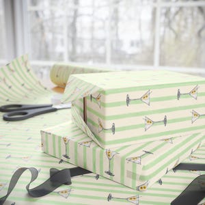 Gift Wrap, Martini with Olives on Green Striped Luxury Heavy Duty Wrapping Paper Roll - Perfect for Parties, Celebrations, and Special