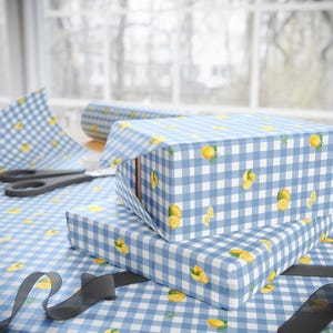 Papiery do pakowania, Włoskie toskańskie klimaty Niebieskie Gingham Cytrynowy papier do pakowania prezentów, Wytrzymały luksusowy papier do pakowania, Opakowania na owoce cytrusowe na święta, Rustykalny