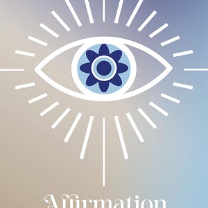 Könnte beinhalten: Eine weiße Umrandung eines Auges mit einer blauen und weißen Blume in der Mitte. Das Auge ist von weißen Lichtstrahlen umgeben. Der Text "Affirmation Book" befindet sich unter dem Auge. Der Text "CASA PAZ" befindet sich in der rechten unteren Ecke.