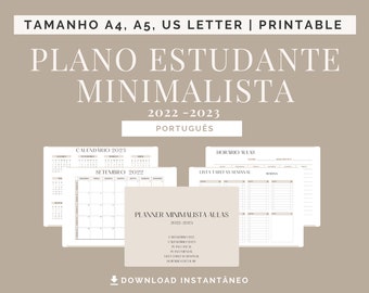 MINIMAL Portuguese student plan horizontal | Printable planner, academic planner, weekly planner, monthly planner, aesthetic