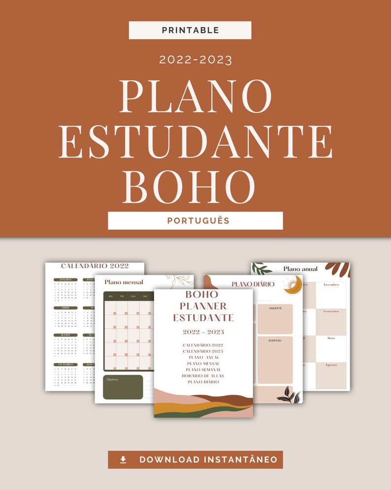 Boho Portuguese Vertical Student Plan Printable planner, academic planner, weekly planner, monthly planner, annual planner image 2
