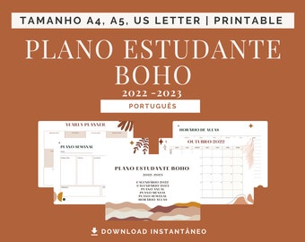 Plano estudante Boho Português horizontal | Printable planner, academic planner, Planner semanal, Planner mensal, Planner anual, aesthetic