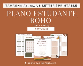 Boho Portuguese Vertical Student Plan | Printable planner, academic planner, weekly planner, monthly planner, annual planner