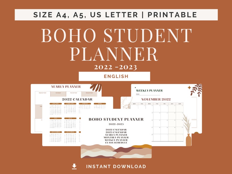BOHO STUDENT PLANNER, landscape orientation Printable planner, academic planner, Weekly planner, Monthly planner, aesthetic planner imagem 1