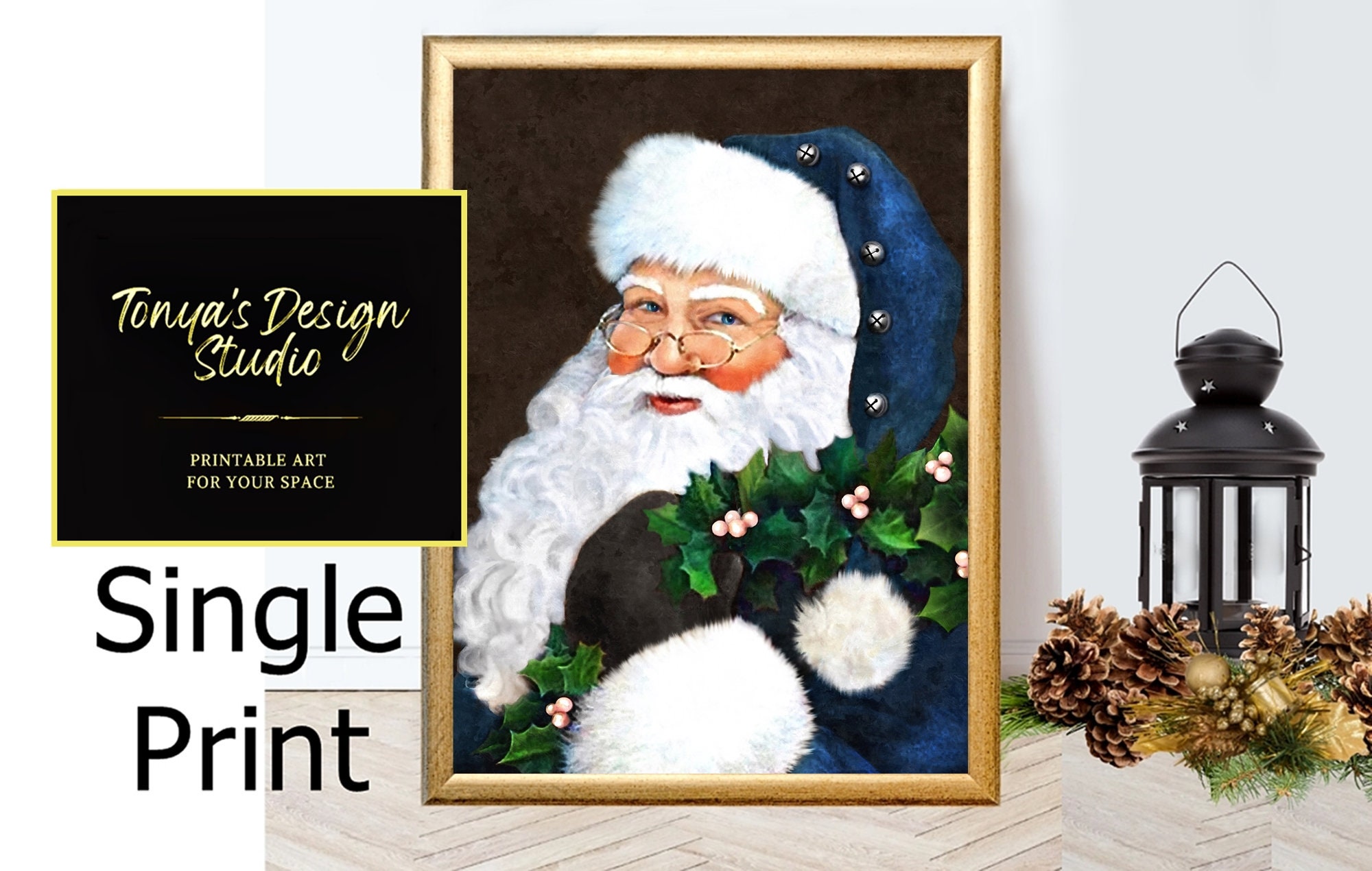 Santa Portrait Printable, Digital Download Santa in Blue Suit Wall Art