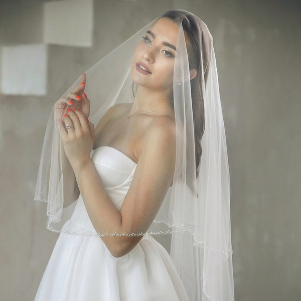 Beaded wedding veil, Beaded edge  bridal veil, Pearl edge veil, Cathedral veil,  Ivory bridal veil Wedding ivory veil Cathedral white veil