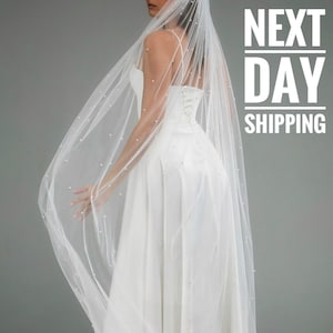 Romantic Pearl-Trimmed Bridal Veil, Luxury Cathedral Length Wedding Veil, White Tulle with Scattered Pearls for Dreamy Look