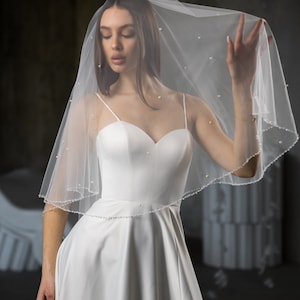 Veil with blusher, two tier veil, Beaded edge veil, fingertip veil, Wedding veil, beaded veil, pearl edge veil