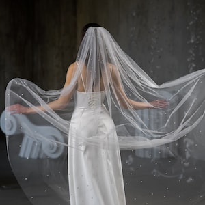 Ivory Pearl Embellished Fingertip Length Veil, Bridal Veil with Delicate Pearl Accents, Elegant Wedding Day Hair Accessory