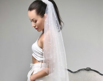 Pearl Cape, Plain Long Veil, 1 Tier Plain Veil, Simple Hair Wedding, Pearl Lined Veil, Bridal Veil Long, Simple Bridal Veil