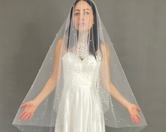 Pearl Cape, Simple Hair Wedding, 1 Tier Plain Veil, Plain Long Veil, Pearl Lined Veil, Simple Bridal Veil, Bridal Veil Long