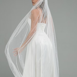 May include: A white wedding dress with a long, flowing skirt and a delicate, beaded veil. The veil is adorned with small, scattered pearls. The dress has a fitted bodice and spaghetti straps. The overall look is elegant and romantic.