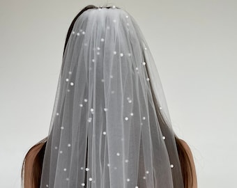 Light ivory veil,Pearl veil,pearl white veil,bridal veil short,unique veil,pearl bridal veil,lace veil long,wedding pearl veil