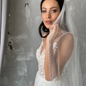 Bridal glitter veil, beaded veil with сrystals, fingertip cathedral veil, rhinestone edge veil, beaded glitter veil. Wedding glitter veil