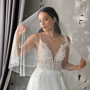 Beaded edge veil, 2 tier wedding veil, bridal veil with edge, beads edge veil, beads bridal veil, beaded ivory veil, cathedral veil