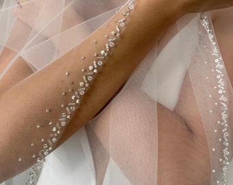 Beaded edge veil, 2 tier wedding veil, bridal veil with edge, beads edge veil, beads bridal veil, beaded ivory veil, cathedral wedding veil