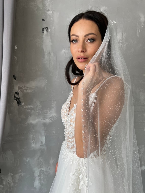 Glitter beaded edging tulle veil Arlington Single Tier Bead and Sequin Edge Bridal Veil main image 2