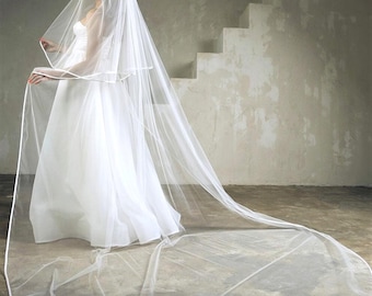 Satin Edge Cathedral Wedding Veil: Two Layer Bridal Ivory Veil