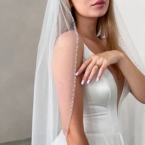 Handmade Glitter Tulle Wedding Veil: Beaded Edge, Light Ivory