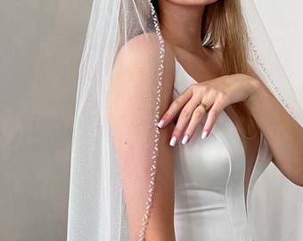 Wedding Veil Pearl, Simple Long Veil, Pearl Cape, Plain Soft Veil, Cathedral Veil Pearl, Simple Wedding Vail, Minimalist Slim Veil