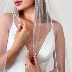 Beaded edge glitter veil, wedding veil, bridal glitter veil, beads glitter veil, beads bridal veil, beaded ivory veil, cathedral veil