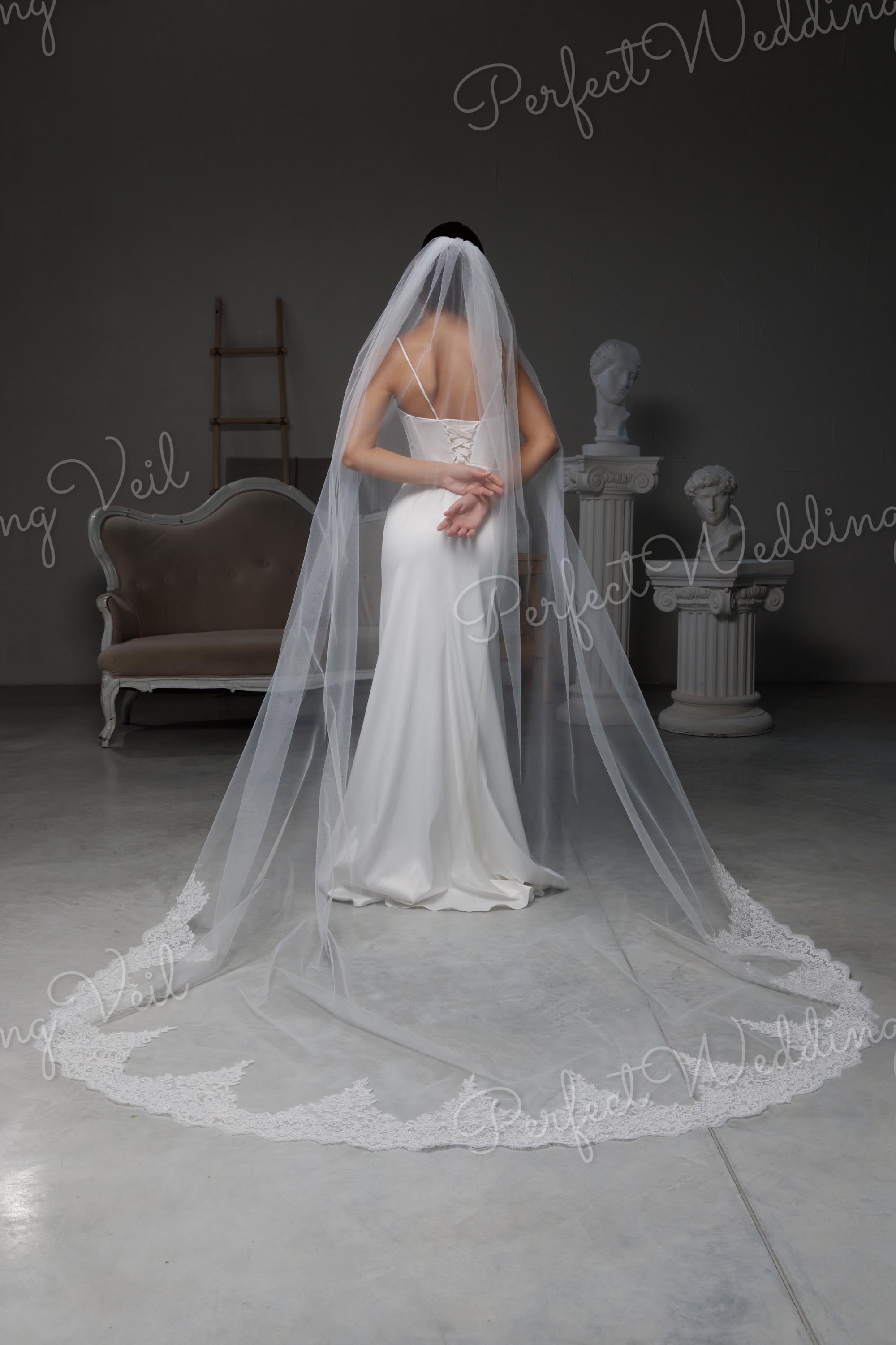 Minimalist Lace Hem Cathedral Veil Single Tier, Spanish Mantilla Bottom ...