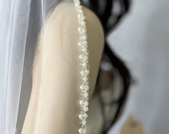 Wedding beaded veil, Bridal ivory veil, Cathedral wedding veil, Pearl crystal edge veil, Chapel ivory veil Fingertip wedding veil with beads