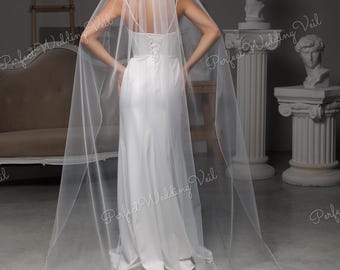 Velo de novia con borde de lápiz, velo de tul italiano suave, velo de novia de una sola capa, velo transparente minimalista, largo desde la punta de los dedos hasta la catedral.