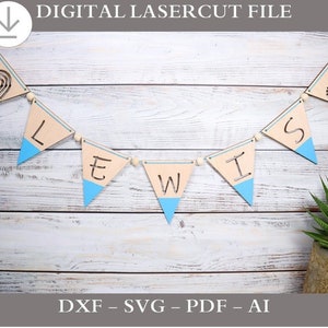 Lasercut-Datei für Holzgirlande mit Buchstaben, Zahlen und Symbolen. Babyzimmer Banner, DXF, SVG, PDF, Ai, Vektor für Glowforge