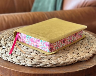 Yellow Leather NLT Creative Journaling Bible: Pink Floral Paper Edges | Add a Name