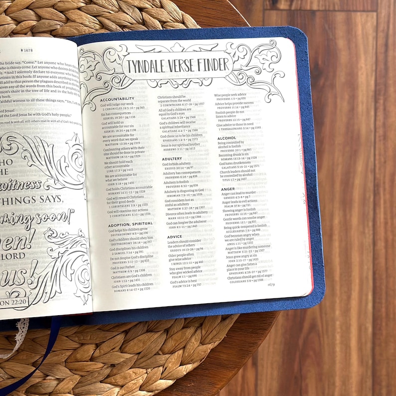 May include: An open book with a blue cover featuring a Tyndale Verse Finder page. The left page displays decorative text including Revelation 22:20, while the right page lists biblical topics like accountability, adultery, and anger with references.