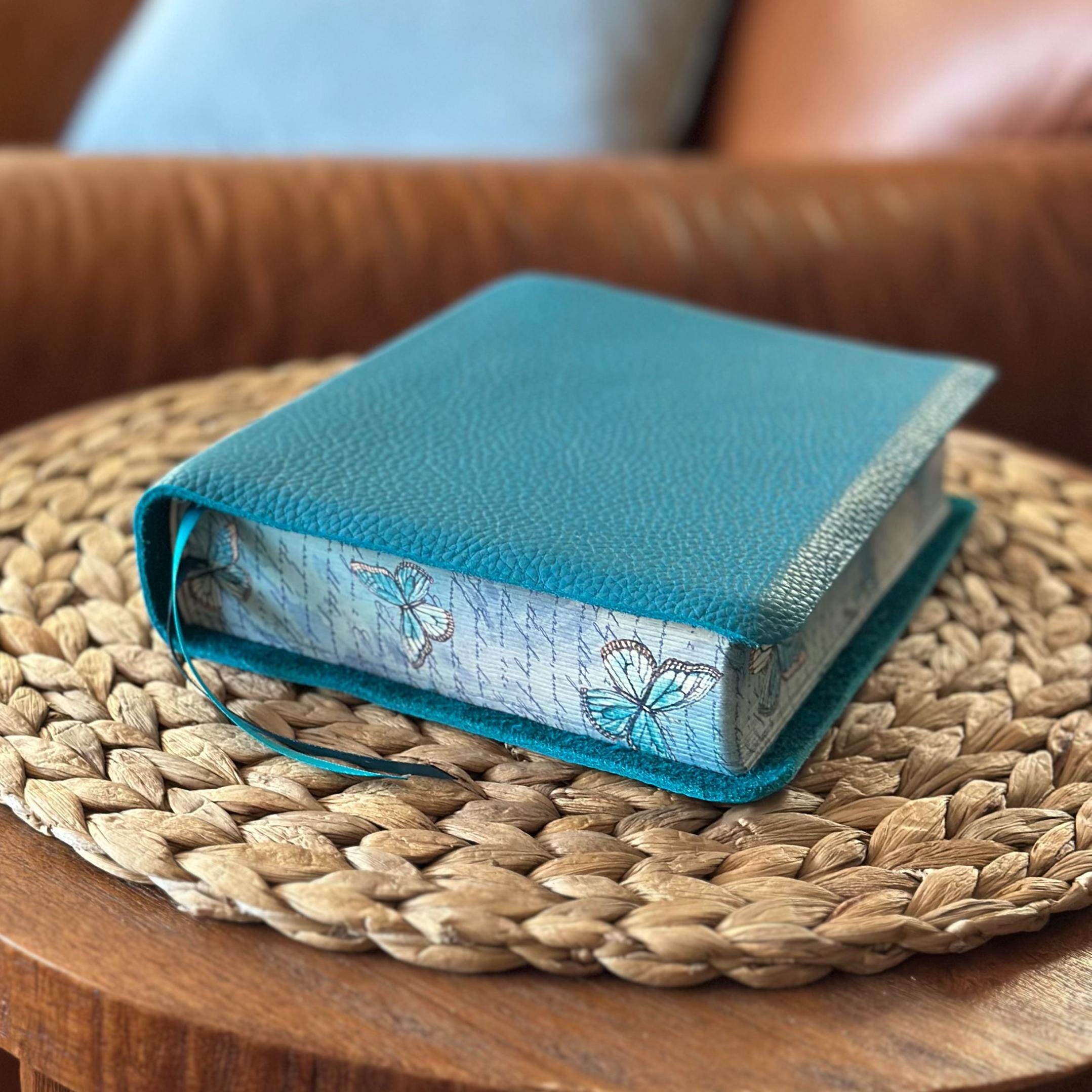 Turquoise KJV Coloring Bible with Butterflies | Full Grain Leather | Add My Name