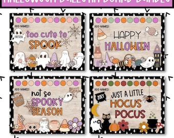 May include: Four printable Halloween bulletin board displays with a woodgrain background and black polka dots. The titles are "Too Cute to Spook", "Happy Halloween", "Not So Spooky Season", and "Just a Little Hocus Pocus".