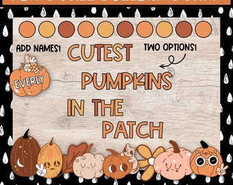 May include: A bulletin board with a woodgrain background and the text "Classroom Decor Retro Fall Bulletin Board". The board is decorated with pumpkins, leaves, and the text "Cutest Pumpkins in the Patch".