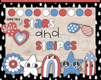 May include: A bulletin board with a woodgrain background and the text "Summer time Bulletin Board" at the top. The text "Stars and Stripes" is in the center of the board with red, white, and blue stars and stripes. There are also name tags with the names "Rhett" and "Gabi" on the board.