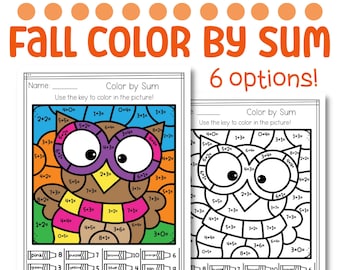May include: Two printable worksheets for kids to practice addition facts up to 10. Each worksheet features a color-by-number activity with an owl illustration. The instructions are "Color by Sum" and "Use the key to color in the picture!" The color key includes pink, green, purple, yellow, brown, blue, orange, and tan.