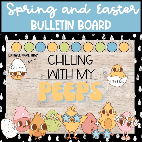 Retro Spring and Easter Peeps Bulletin Board Kit with Name Tags, March April Door Decor, Printable DIY Bulletin Board Kit for Teachers