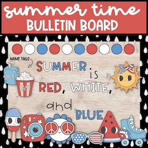 Kit de quadro de avisos retrô verão 4 de julho, quadro de avisos de junho e julho, display de quadro de avisos vermelho branco e azul para impressão DIY