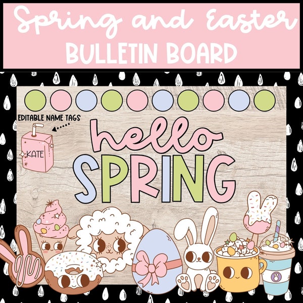 Hello Spring Retro Spring and Easter Bulletin Board Kit, March April Door Decor, Printable DIY Bulletin Board Kit for Teachers